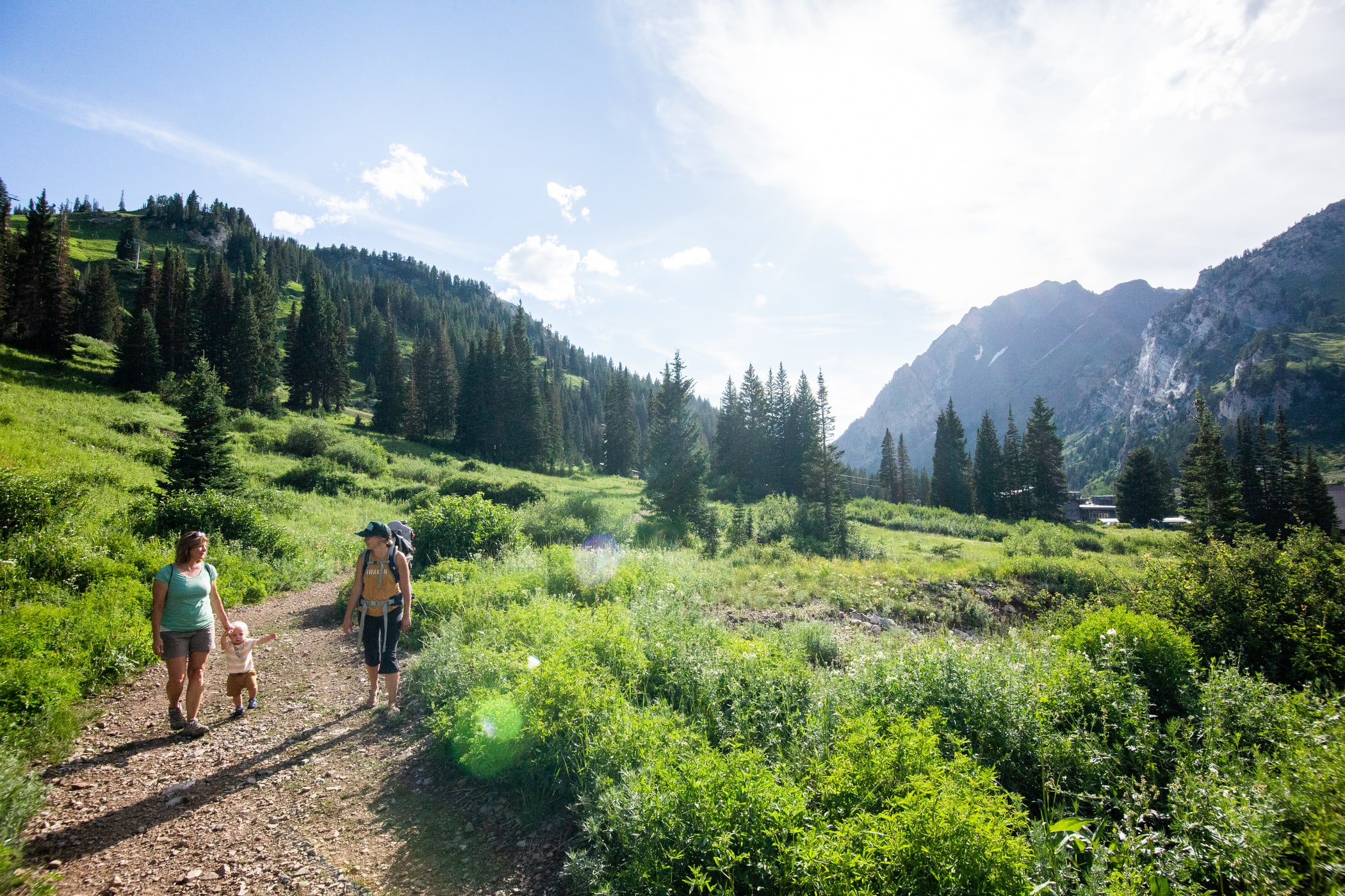 A family explores the Lower Albion Meadows Trail