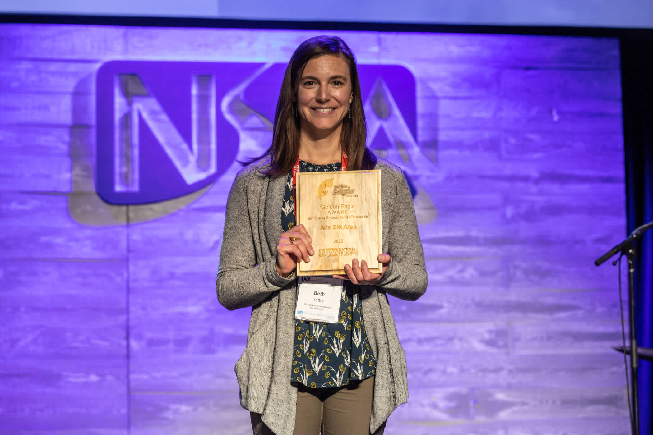 AEC Director Beth Yetter receives the Golden Eagle Award on behalf of Alta Ski Area and the AEC | Photo: Jason Mallory